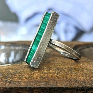 Handmade Oxidized Sterling Silver And Green Malachite Rustic Ring